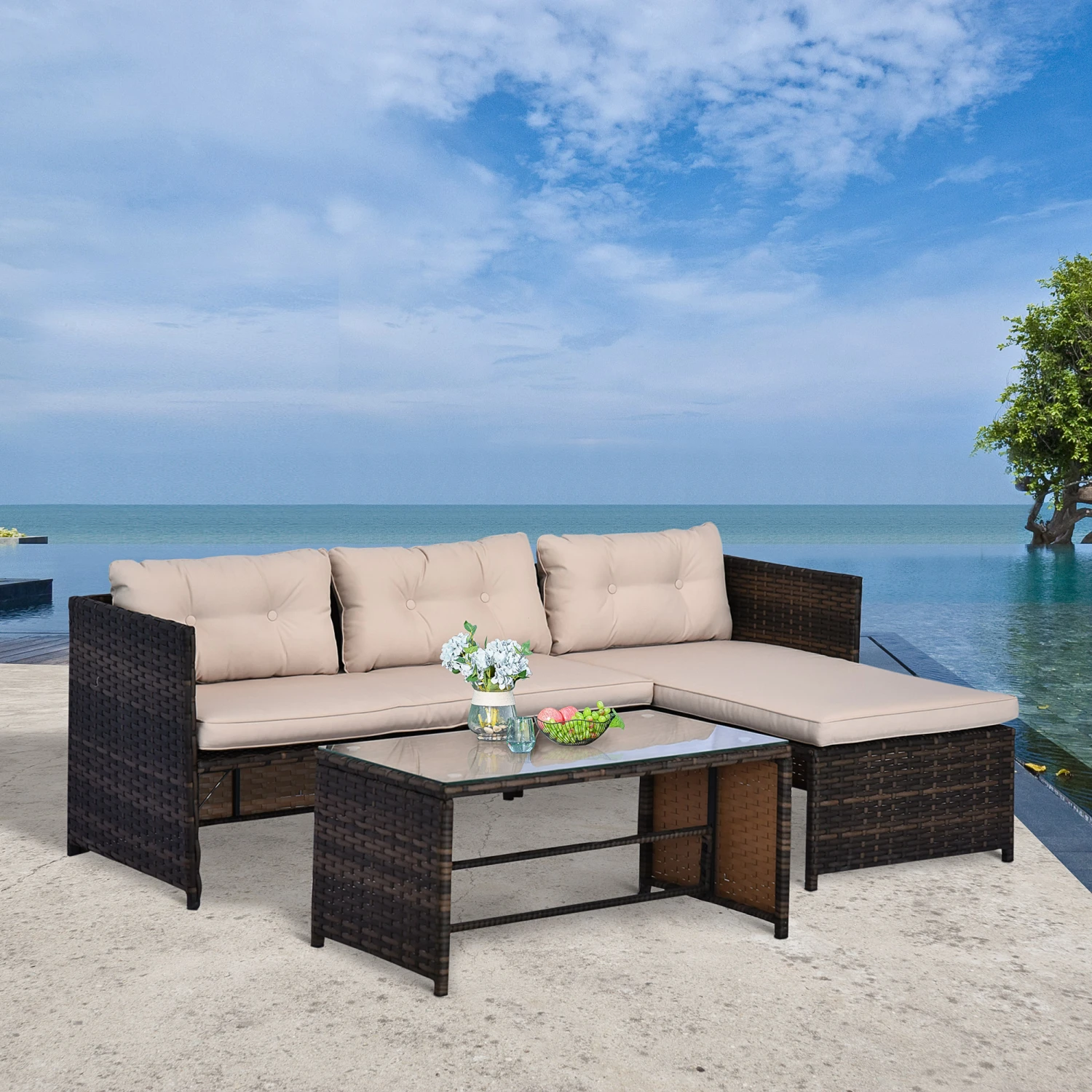 Outsunny 3 Piece Patio Furniture Set, Rattan Outdoor Sofa Set With Chaise Lounge & Loveseat, Soft Cushions, Tempered Glass Table, L-Shaped Sectional Couch, Beige 2 Outsunny 3 Piece Patio Furniture Set, Rattan Outdoor Sofa Set With Chaise Lounge & Loveseat, Soft Cushions, Tempered Glass Table, L-Shaped Sectional Couch, Beige - Image 2