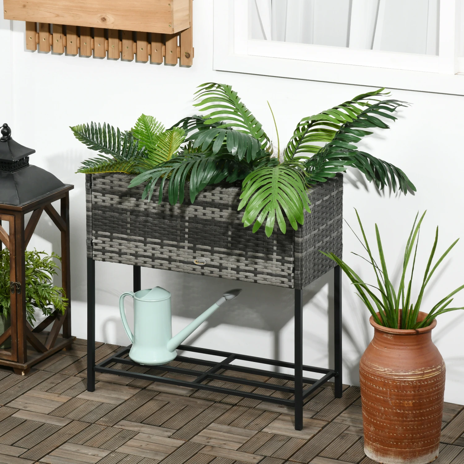 Outsunny Raised Garden Bed, Elevated Planter Box With Rattan Wicker Look, Tool Storage Shelf, Portable Design For Herbs, Vegetables, Flowers, Gray 2 Outsunny Raised Garden Bed, Elevated Planter Box With Rattan Wicker Look, Tool Storage Shelf, Portable Design For Herbs, Vegetables, Flowers, Gray - Image 2