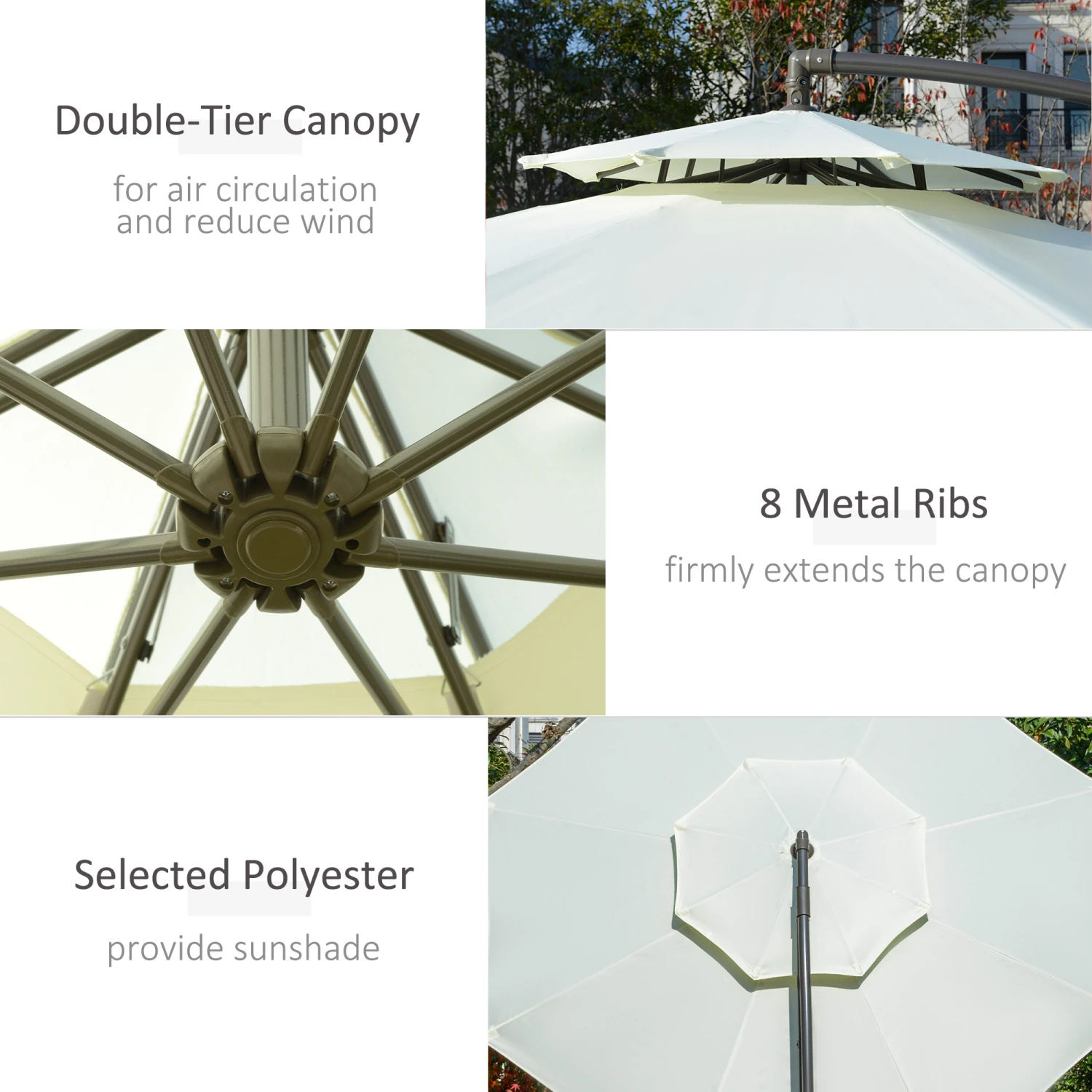Outsunny 9' Offset Patio Umbrella With Base, Steel Hanging Cantilever Umbrella, 2-Tier Easy Tilt Polyester Shade, 8 Ribs, Crank, Cross Base, Beige 6 Outsunny 9' Offset Patio Umbrella With Base, Steel Hanging Cantilever Umbrella, 2-Tier Easy Tilt Polyester Shade, 8 Ribs, Crank, Cross Base, Beige - Image 6