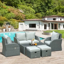 Outsunny 6-PCs Patio Furniture Sets Outdoor Wicker Sofa Set Rattan Angle Adjustable Recline Single Chair Conversation Set, Ottomans, W/ Polyester Tea Table Gas Spring & Soft Washable Cushions, Grey