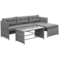 Outsunny 3 Piece Patio Furniture Set, Rattan Outdoor Sofa Set With Chaise Lounge & Loveseat, Soft Cushions, Tempered Glass Table, L-Shaped Sectional Couch, Charcoal