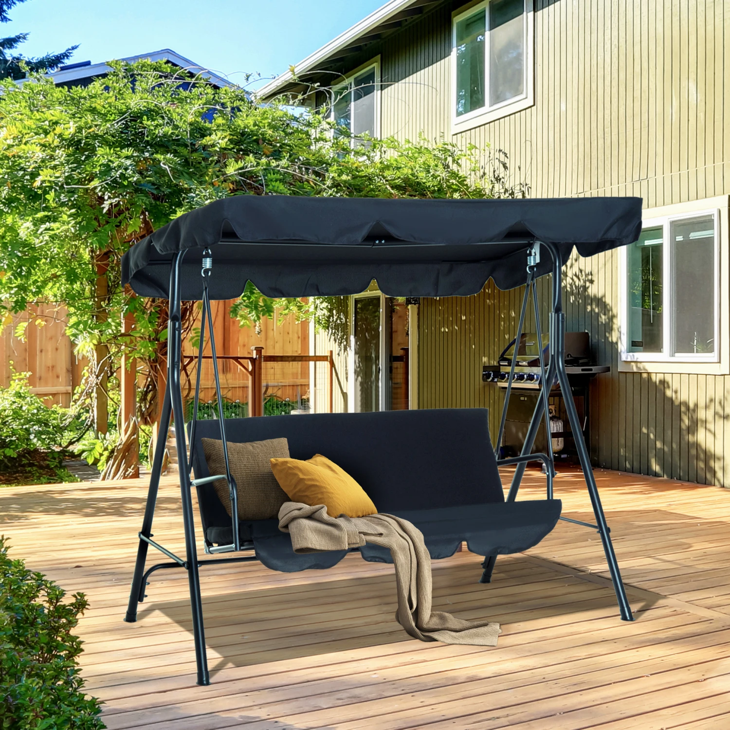 Outsunny 3-Seat Outdoor Patio Swing Chair With Removable Cushion, Steel Frame Stand And Adjustable Tilt Canopy For Patio, Garden, Poolside, Balcony, Backyard, Black 3 Outsunny 3-Seat Outdoor Patio Swing Chair With Removable Cushion, Steel Frame Stand And Adjustable Tilt Canopy For Patio, Garden, Poolside, Balcony, Backyard, Black - Image 3