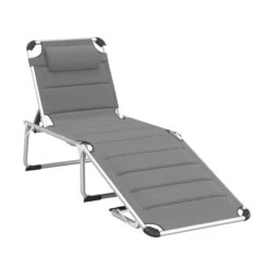 Outsunny Padded Patio Sun Lounge Chair, Foldable Reclining Chaise Lounge With 5 Position Adjustable Backrest & Comfortable Pillow For Outdoor Garden Porch, Grey