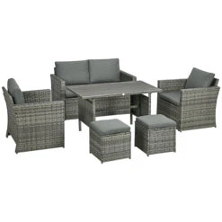 Outsunny 6 Pieces Patio Dining Set, PE Rattan Furniture Set With 2 Chairs Cushions & Outdoor Loveseat Sofa, Woodgrain Slatted Dinner Table, Mixed Gray