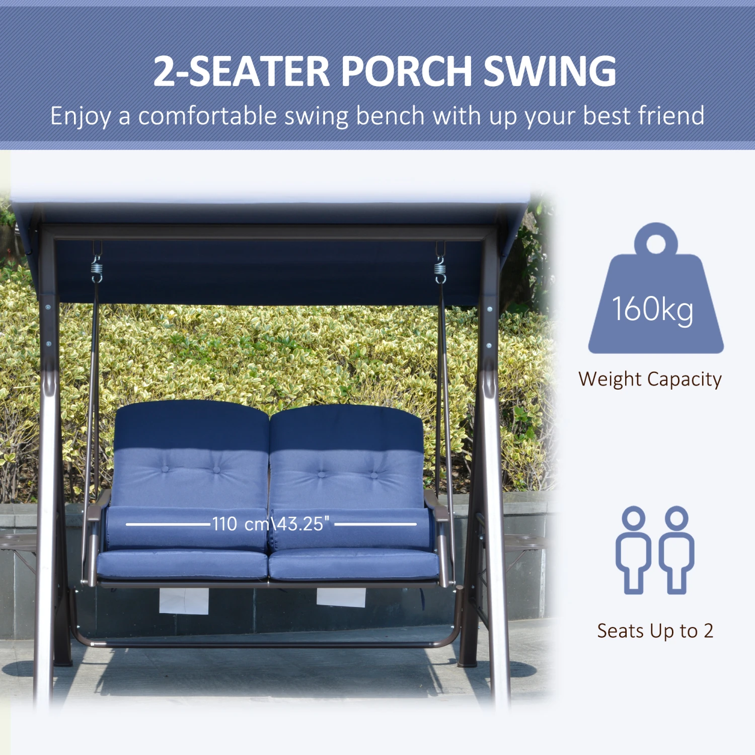Outsunny 2 Seater Swing Chair, Garden Loveseat Swing Bench With Adjustable Canopy, Soft Cushions, Throw Pillows And Tray For Patio, Yard, Dark Blue 5 Outsunny 2 Seater Swing Chair, Garden Loveseat Swing Bench With Adjustable Canopy, Soft Cushions, Throw Pillows And Tray For Patio, Yard, Dark Blue - Image 5