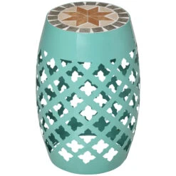 Outsunny 12" Round Patio Outdoor Footstool, Garden Mosaic Accent Side Table, Plant Stand, Blue