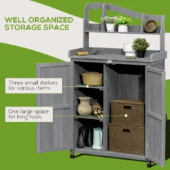 Outsunny Outdoor Storage Cabinet & Potting Table, Wooden Gardening Bench With Patio Cabinet And Magnetic Doors, Grey -Outsunny hqu88c188c3b8e24f