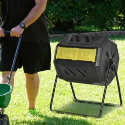 Outsunny 43 Gallon Outdoor Compost Tumbler Bin, Garden Composter With Dual Chamber Sliding Doors For Patio, Black & Yellow -Outsunny hwNd4d1817217306d