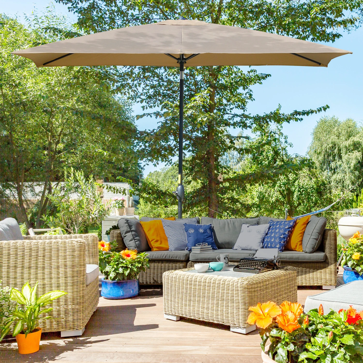 Outsunny 6.5' X 10' Rectangular Market Umbrella, Patio Outdoor Table Umbrella With Crank And Push Button Tilt, Coffee 2 Outsunny 6.5' X 10' Rectangular Market Umbrella, Patio Outdoor Table Umbrella With Crank And Push Button Tilt, Coffee - Image 2