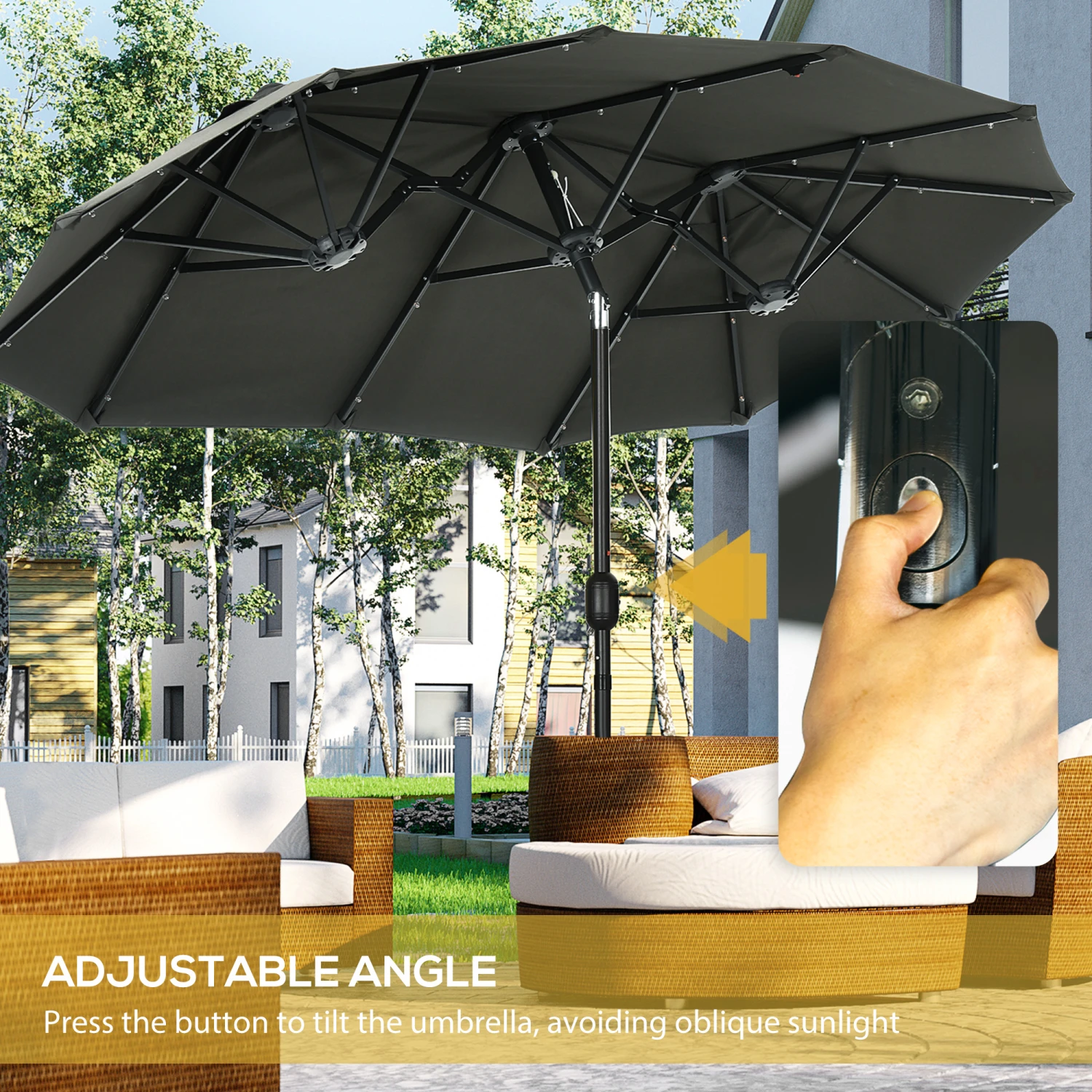Outsunny 10ft Double-sided Patio Umbrella With Solar Lights And Sandbag Base, Outdoor Umbrella With Push Button Tilt, Crank, Air Vents For Garden, Backyard, Deck, Pool, Market, Gray 5 Outsunny 10ft Double-sided Patio Umbrella With Solar Lights And Sandbag Base, Outdoor Umbrella With Push Button Tilt, Crank, Air Vents For Garden, Backyard, Deck, Pool, Market, Gray - Image 5
