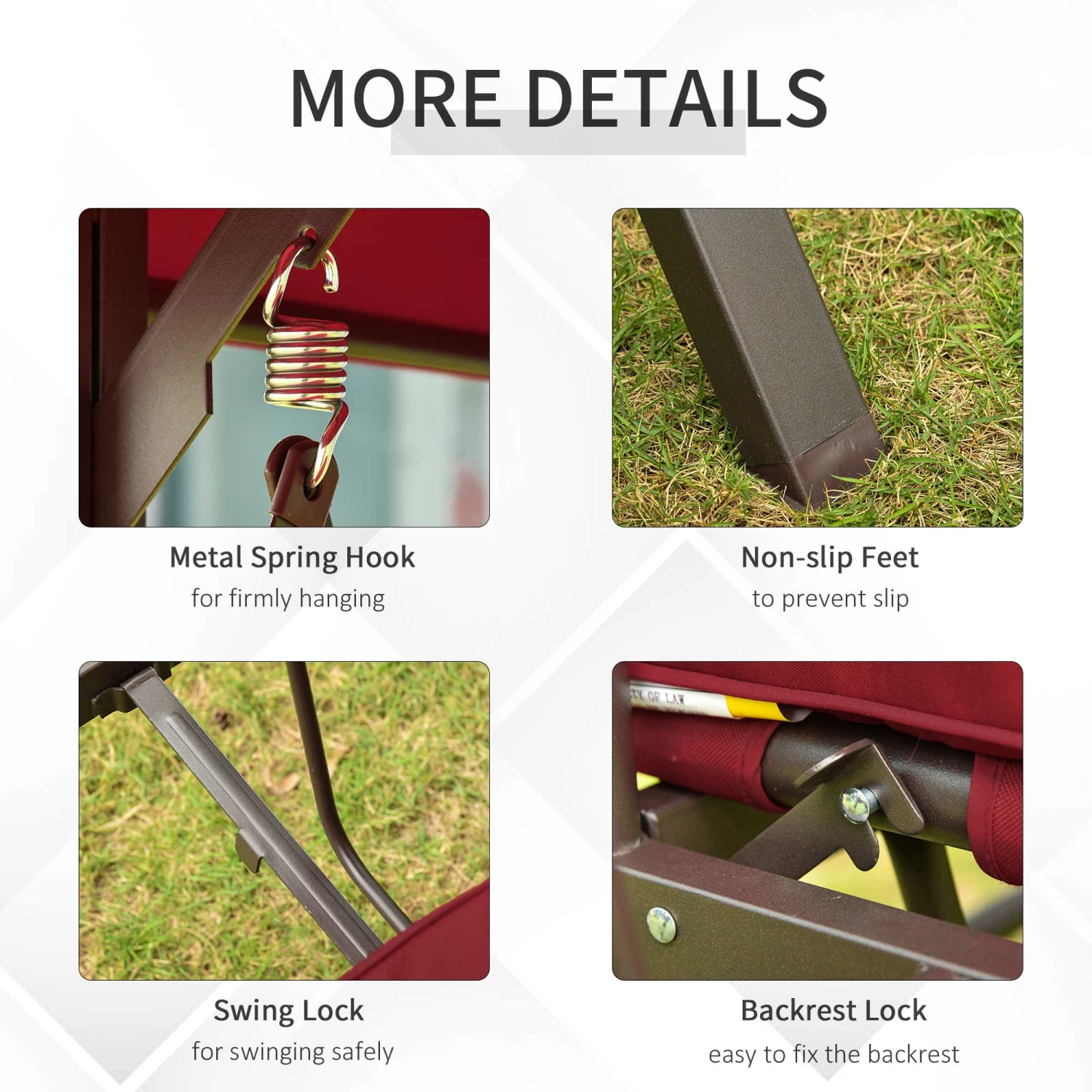 Outsunny 3-Seat Patio Swing Chair, Converting Flatbed, Outdoor Porch Swing Glider With Adjustable Canopy, Removable Cushions, Pillows For Garden, Poolside, Backyard, Red 7 Outsunny 3-Seat Patio Swing Chair, Converting Flatbed, Outdoor Porch Swing Glider With Adjustable Canopy, Removable Cushions, Pillows For Garden, Poolside, Backyard, Red - Image 7