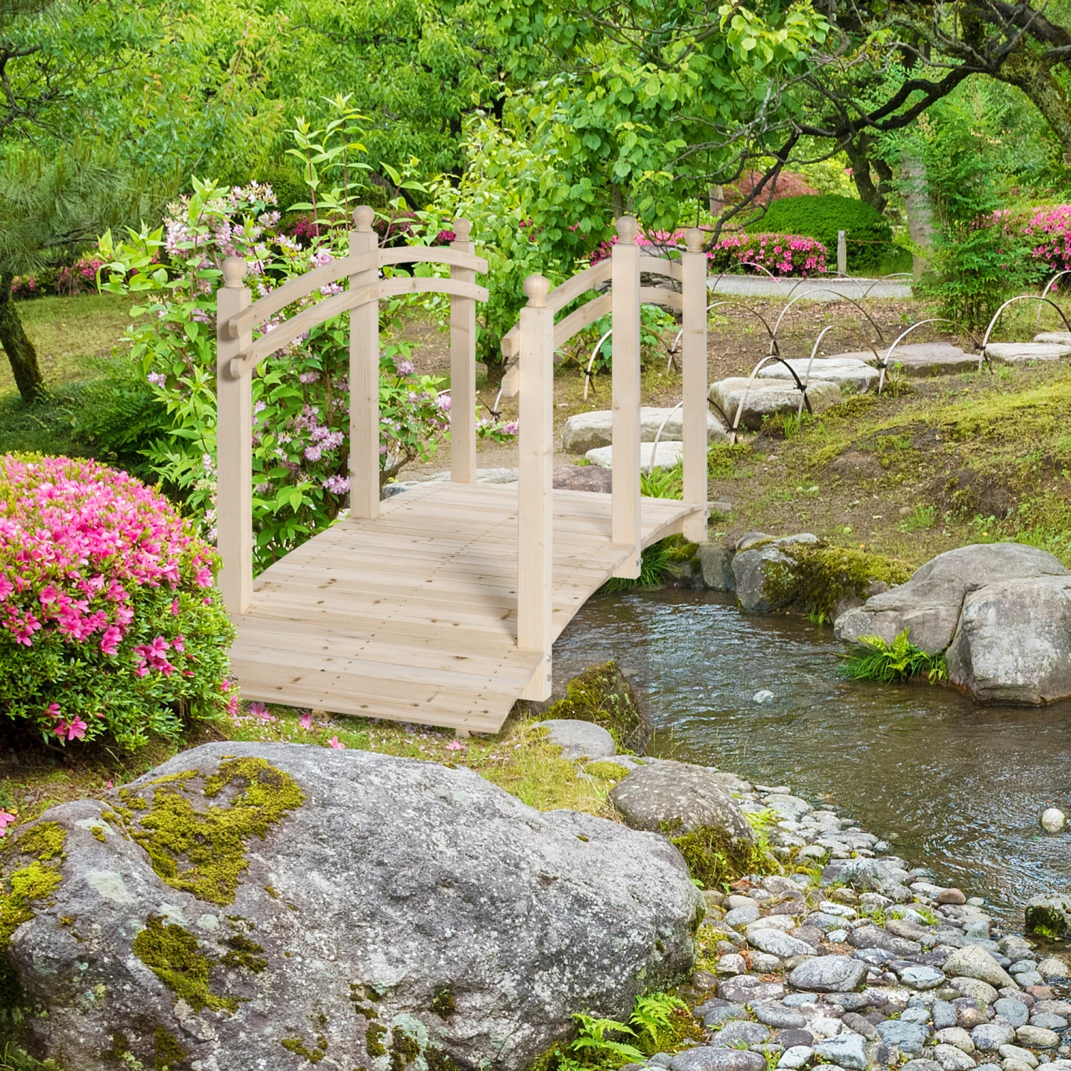 Outsunny 7.5' Wooden Arch Garden Bridge, Safety Rails For Backyard Ponds, Creeks, Streams, Natural 2 Outsunny 7.5' Wooden Arch Garden Bridge, Safety Rails For Backyard Ponds, Creeks, Streams, Natural - Image 2