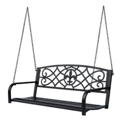Outsunny 2-Person Porch Swing, Hanging Steel Patio Swing, Outdoor Swing Bench With Fleur-de-Lis Design For Garden Deck, 528 LBS Weight Capacity, Bronze