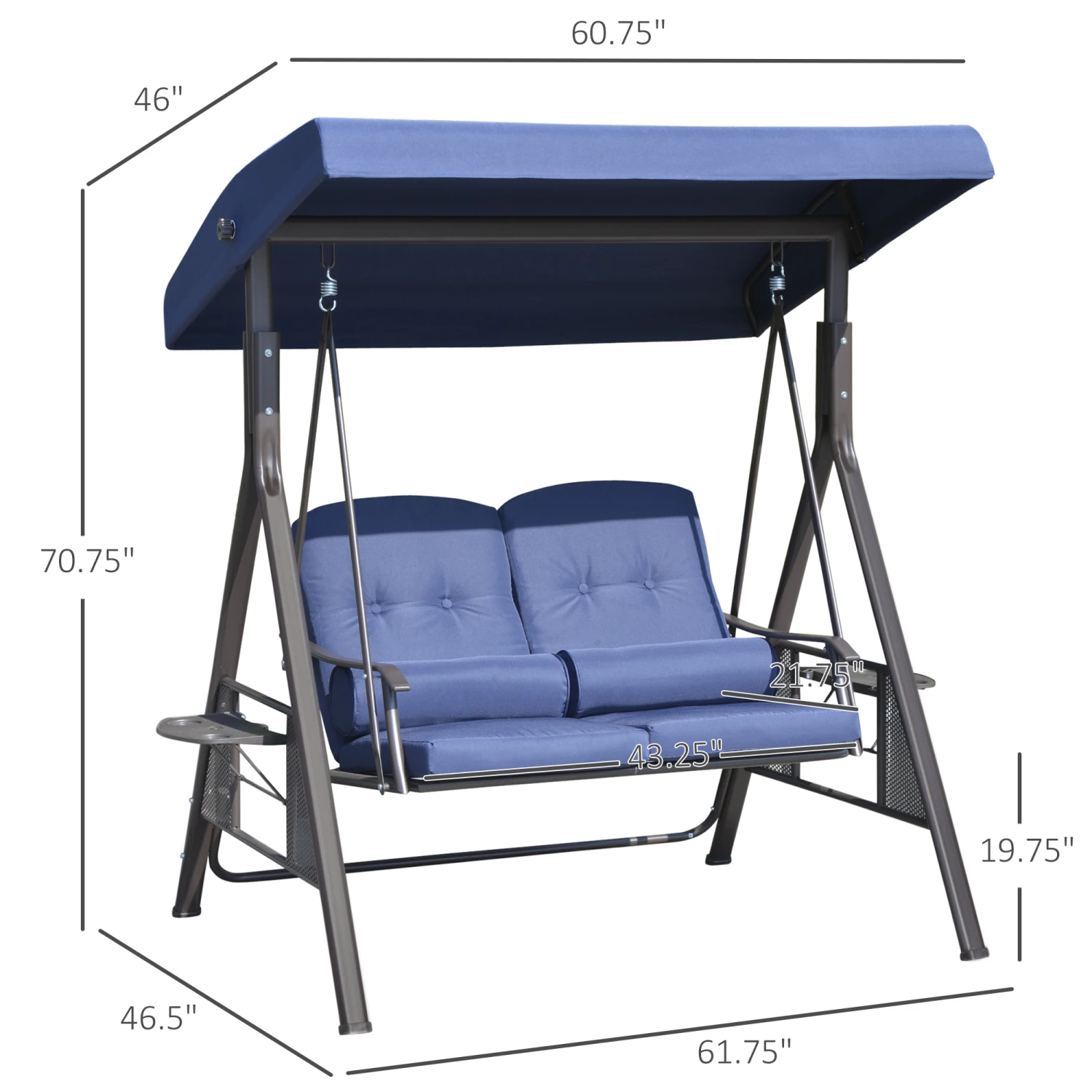 Outsunny 2 Seater Swing Chair, Garden Loveseat Swing Bench With Adjustable Canopy, Soft Cushions, Throw Pillows And Tray For Patio, Yard, Dark Blue 3 Outsunny 2 Seater Swing Chair, Garden Loveseat Swing Bench With Adjustable Canopy, Soft Cushions, Throw Pillows And Tray For Patio, Yard, Dark Blue - Image 3