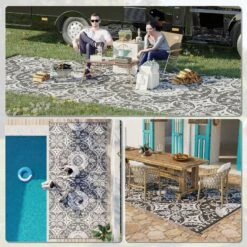 Outsunny Reversible Outdoor Rug Carpet, 9' X 18' Waterproof Plastic Straw Rug, Portable RV Camping Rugs With Carry Bag, Large Floor Mat For Backyard, Deck, Picnic, Beach, Gray & White Floral -Outsunny iUo88c187bb1342c5
