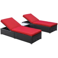 Outsunny Wicker Patio Lounge Chair Set, Outdoor Chaise Lounge Sets With 5-Level Angles Adjust Backrest, Thick Cushions, And Matching Table, For Pool Side, Balcony, Beach, Yard, Red