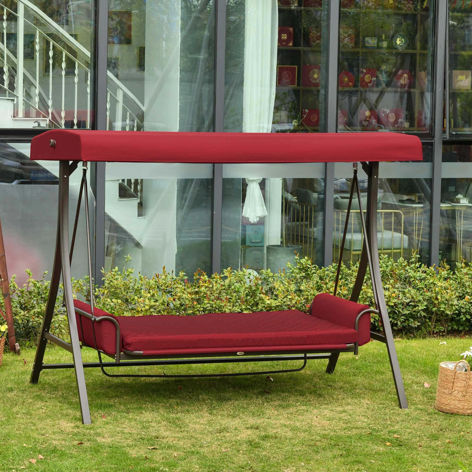 Outsunny 3-Seat Patio Swing Chair, Converting Flatbed, Outdoor Porch Swing Glider With Adjustable Canopy, Removable Cushions, Pillows For Garden, Poolside, Backyard, Red 8 Outsunny 3-Seat Patio Swing Chair, Converting Flatbed, Outdoor Porch Swing Glider With Adjustable Canopy, Removable Cushions, Pillows For Garden, Poolside, Backyard, Red - Image 8