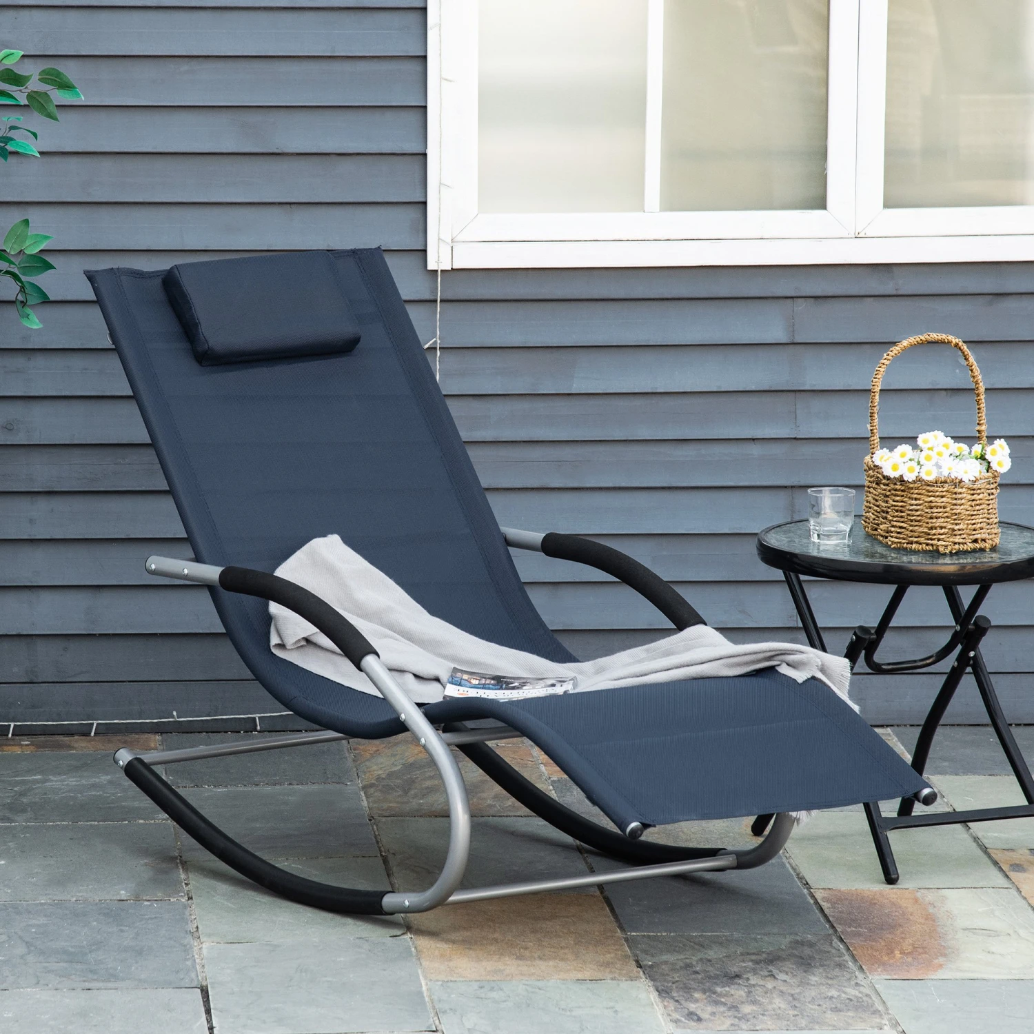 Outsunny Zero Gravity Rocking Chair Outdoor Chaise Lounge Chair Recliner Rocker With Detachable Pillow & Durable Weather-Fighting Fabric For Patio, Deck, Pool, Navy Blue 2 Outsunny Zero Gravity Rocking Chair Outdoor Chaise Lounge Chair Recliner Rocker With Detachable Pillow & Durable Weather-Fighting Fabric For Patio, Deck, Pool, Navy Blue - Image 2
