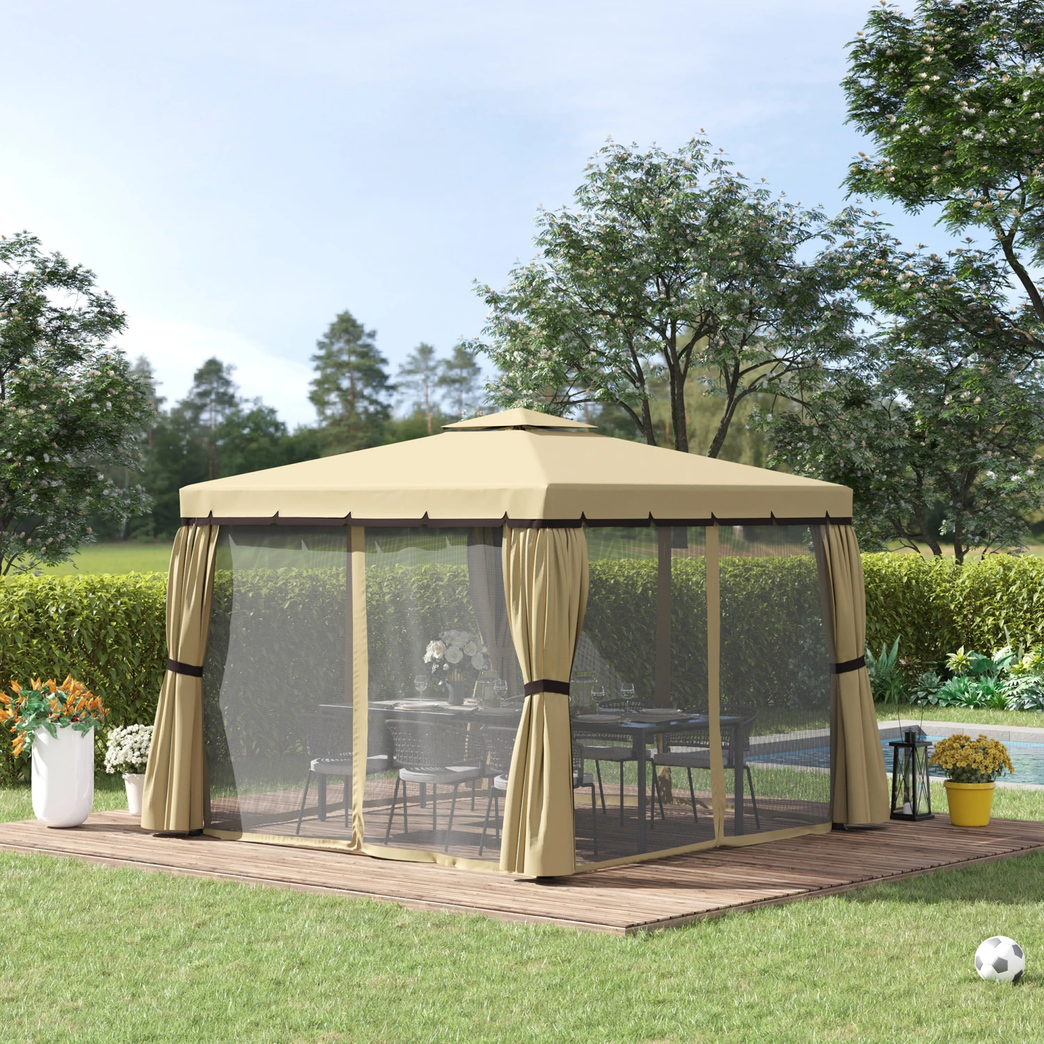 Outsunny 10' x 10' Patio Gazebo, Aluminum Frame Double Roof Outdoor Gazebo Canopy Shelter With Netting & Curtains, For Garden, Lawn, Backyard And Deck, Beige 2 Outsunny 10' x 10' Patio Gazebo, Aluminum Frame Double Roof Outdoor Gazebo Canopy Shelter With Netting & Curtains, For Garden, Lawn, Backyard And Deck, Beige - Image 2