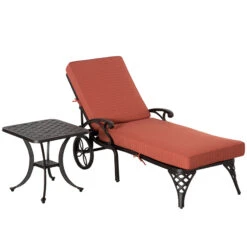 OUTSUNNY Outdoor 4-Position Heavy Duty Folding Chaise Lounge Chair Set, Recliner With Table, Lightweight Portable Aluminum Outdoor Pool Chair With Wheels & Stylized Frame For Sunbathing, Red