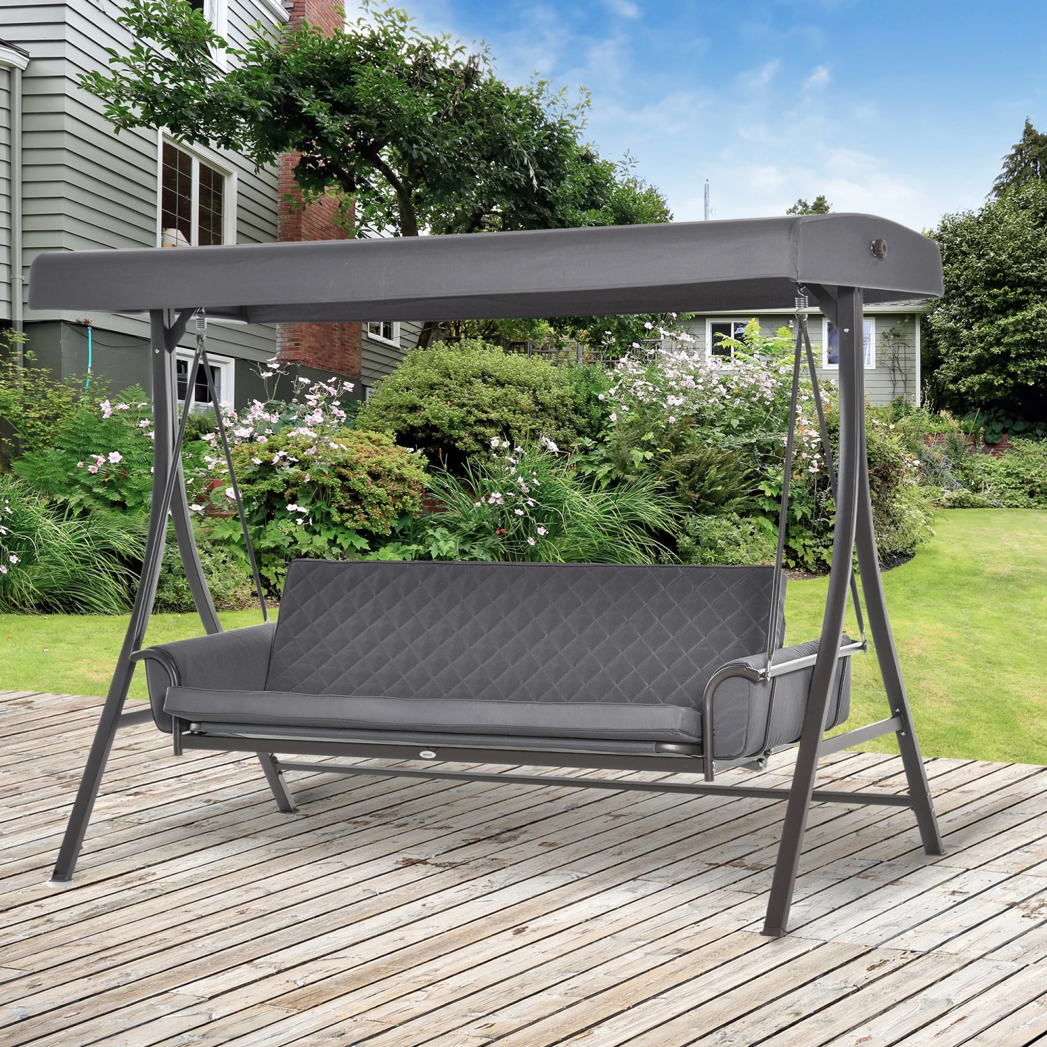 Outsunny 3-Seat Patio Swing Chair, Converting Flatbed, Outdoor Porch Swing Glider With Adjustable Canopy, Removable Cushions, Pillows For Garden, Poolside, Backyard, Gray 2 Outsunny 3-Seat Patio Swing Chair, Converting Flatbed, Outdoor Porch Swing Glider With Adjustable Canopy, Removable Cushions, Pillows For Garden, Poolside, Backyard, Gray - Image 2