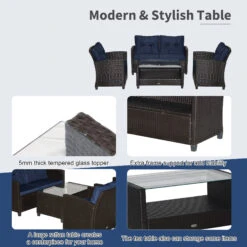 Outsunny 4-Piece Patio Furniture Set, Rattan Wicker Chair W/ Table, Outdoor Conversation Set With Cushion For Backyard, Porch, Or Garden, Blue -Outsunny j0J75618007ee56c8