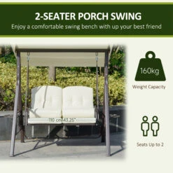 Outsunny 2-Person Patio Swing Bench With Adjustable Shade Canopy, Soft Cushions, Throw Pillows And Tray, Beige. -Outsunny j7P88c180b0b9b7af