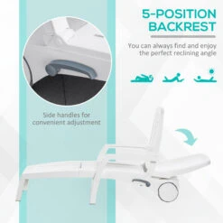 Outsunny Folding Chaise Lounge Chair On Wheels With Storage Box, Lightweight Plastic Sun Recliner With 5 Position Backrest For Beach & Pool, White -Outsunny j85a3617ed2fb9058