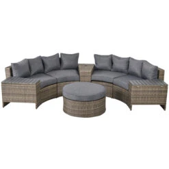 Outsunny 8 Piece Outdoor Rattan Sofa, Half Round Patio Furniture Set With Side Tables, Umbrella Hole, And Cushions, Mixed Grey -Outsunny j9W20a17e697b74a9