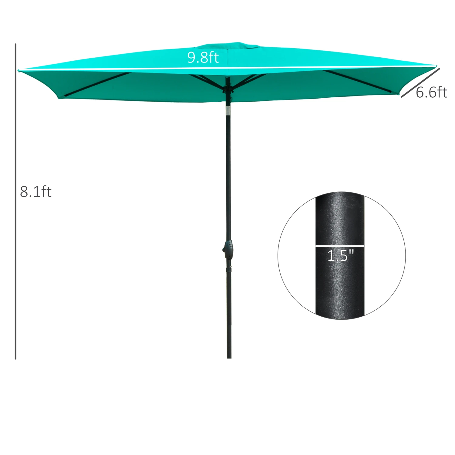 Outsunny 6.5' X 10' Rectangular Market Umbrella, Patio Outdoor Table Umbrella With Crank And Push Button Tilt, Teal 3 Outsunny 6.5' X 10' Rectangular Market Umbrella, Patio Outdoor Table Umbrella With Crank And Push Button Tilt, Teal - Image 3