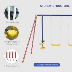 Outsunny Kids Metal Swing Set For Backyard, Heavy Duty A-Frame Swing Stand With 2 Seats, Glider And Adjustable Hanging Rope -Outsunny jMf28c17e6c6a2bc4