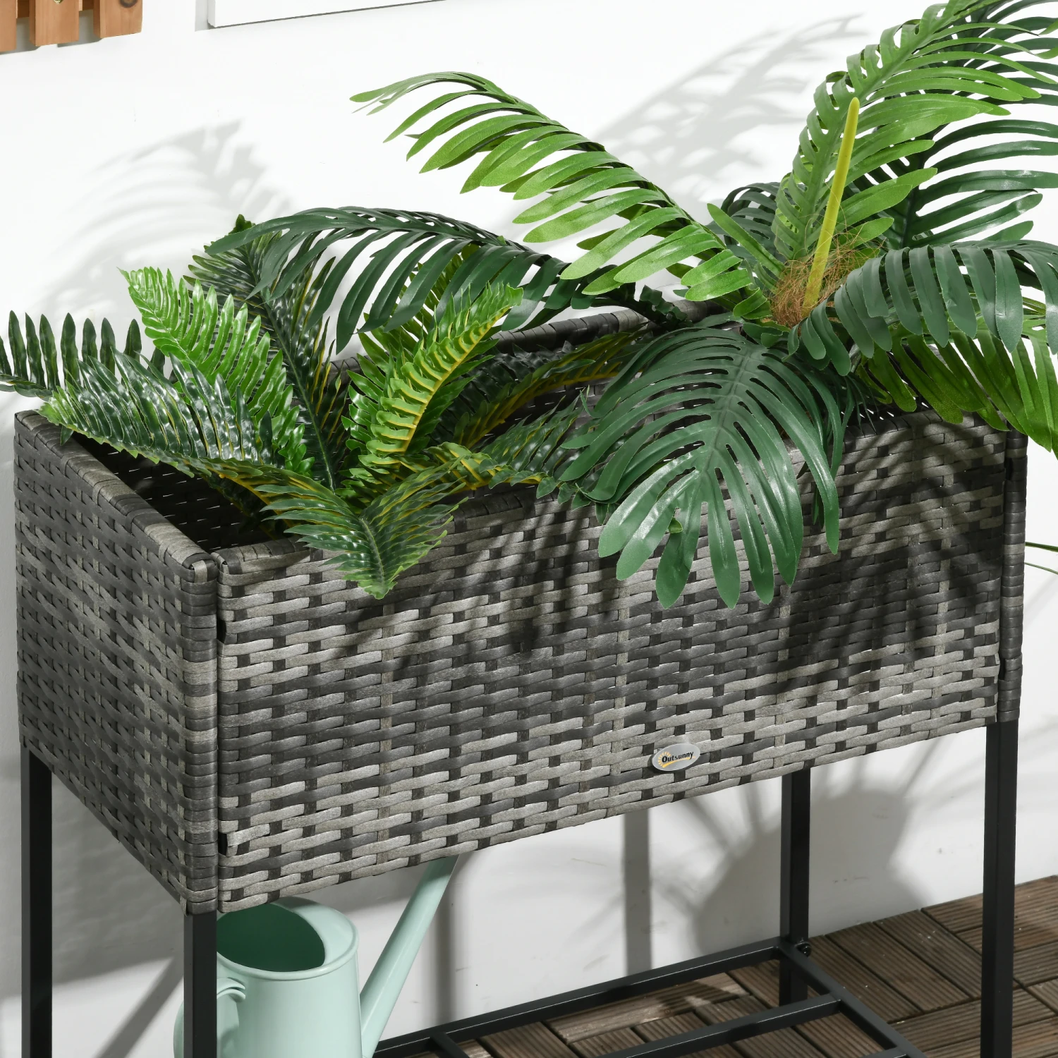 Outsunny Raised Garden Bed, Elevated Planter Box With Rattan Wicker Look, Tool Storage Shelf, Portable Design For Herbs, Vegetables, Flowers, Gray 8 Outsunny Raised Garden Bed, Elevated Planter Box With Rattan Wicker Look, Tool Storage Shelf, Portable Design For Herbs, Vegetables, Flowers, Gray - Image 8