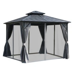 Outsunny 10' X 10' Hardtop Gazebo Canopy With Galvanized Steel Double Roof, Aluminum Frame, Permanent Pavilion Outdoor Gazebo With Netting And Curtains For Patio, Garden, Backyard, Gray