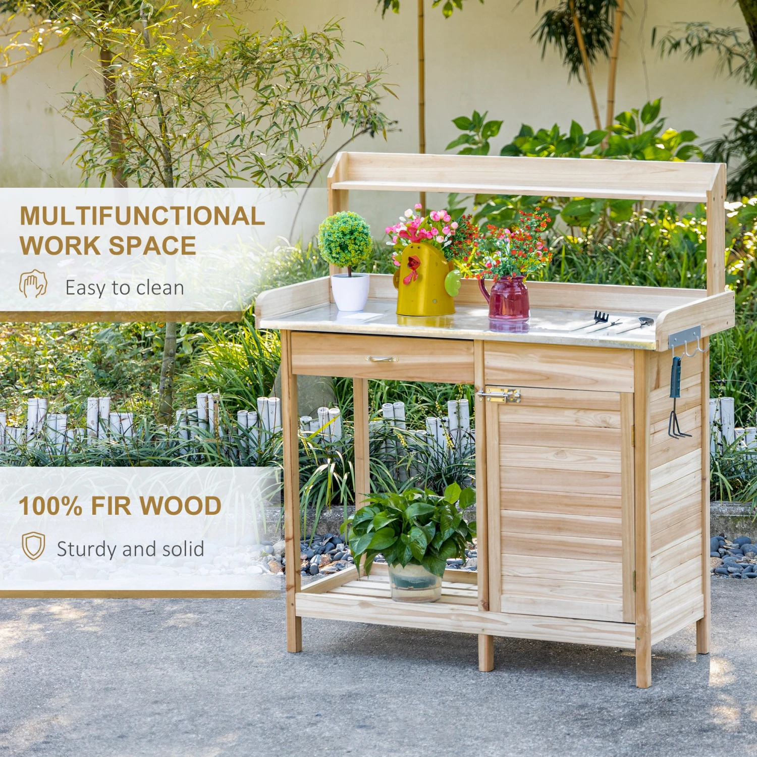 Outsunny Garden Potting Bench Table With Lockable Storage Cabinet And Open Shelf, Outdoor Planting Workstation With Steel Tabletop, Natural 7 Outsunny Garden Potting Bench Table With Lockable Storage Cabinet And Open Shelf, Outdoor Planting Workstation With Steel Tabletop, Natural - Image 7