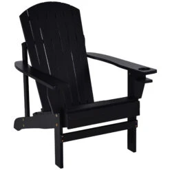 Outsunny Wooden Adirondack Chair, Outdoor Patio Lawn Chair With Cup Holder, Weather Resistant Lawn Furniture, Classic Lounge For Deck, Garden, Backyard, Fire Pit, Black
