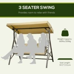 Outsunny 3-Seat Patio Swing Chair, Porch Swing Glider With Cushion, 3 Throw Pillows & Adjustable Canopy For Porch, Garden, Poolside, Backyard, Khaki -Outsunny k2Ya09188d6513fb5
