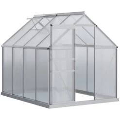 Outsunny 8' X 6' Aluminum Outdoor Greenhouse, Polycarbonate Walk-in Garden Greenhouse Kit With Adjustable Roof Vent, Rain Gutter And Sliding Door For Winter, Silver