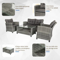 Outsunny 4 Piece Patio Furniture Set With Cushions, PE Rattan Wicker Patio Furniture Set W/ Two-tier Coffee Table For Backyard Porch Garden Poolside And Deck, Gray -Outsunny kMJd4817e681f7fd3