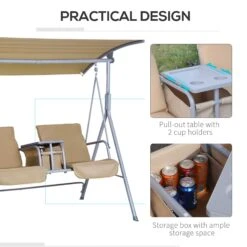 Outsunny 2 Person Porch Swing With Stand, Outdoor Swing With Canopy, Pivot Storage Table, 2 Cup Holders, Cushions For Patio, Backyard, Beige -Outsunny kOa07717e67318438