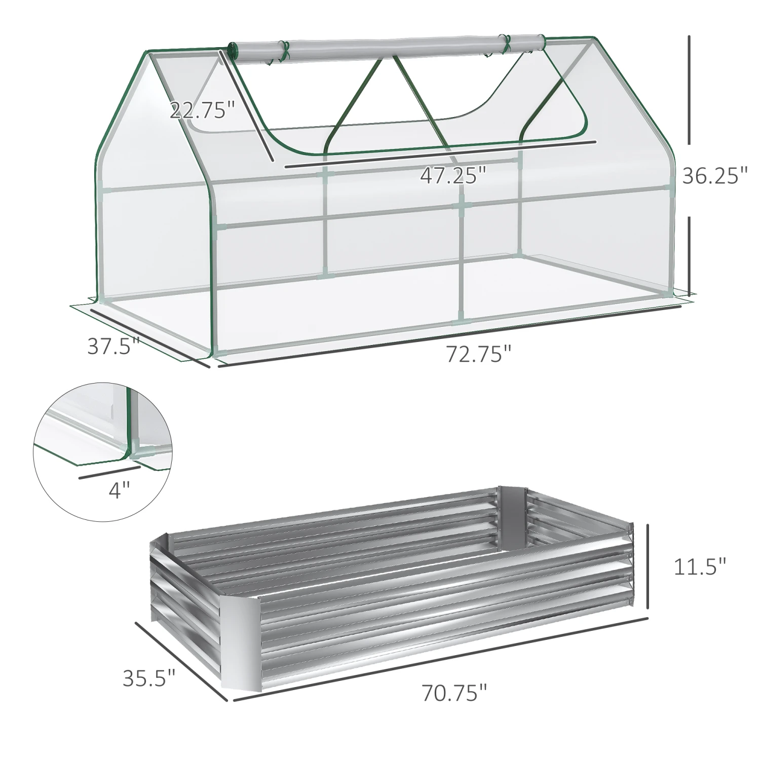 Outsunny Galvanized Raised Garden Bed With Mini Greenhouse Cover, Outdoor Metal Planter Box With 2 Roll-Up Windows For Growing Flowers, Fruits, Vegetables, And Herbs, 73" X 38" X 36", Clear 3 Outsunny Galvanized Raised Garden Bed With Mini Greenhouse Cover, Outdoor Metal Planter Box With 2 Roll-Up Windows For Growing Flowers, Fruits, Vegetables, And Herbs, 73" X 38" X 36", Clear - Image 3
