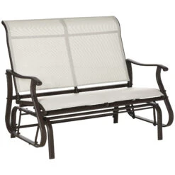 Outsunny 2-Person Outdoor Glider Bench，Patio Glider Loveseat Chair With Powder Coated Steel Frame，2 Seats Porch Rocking Glider For Backyard, Lawn, Garden And Porch, Cream White