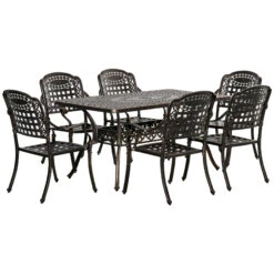 Outsunny 7-Piece Patio Dining Set, Cast Aluminum Outdoor Furniture Set With 6 Armchairs, 1 Table And Umbrella Hole, Bronze