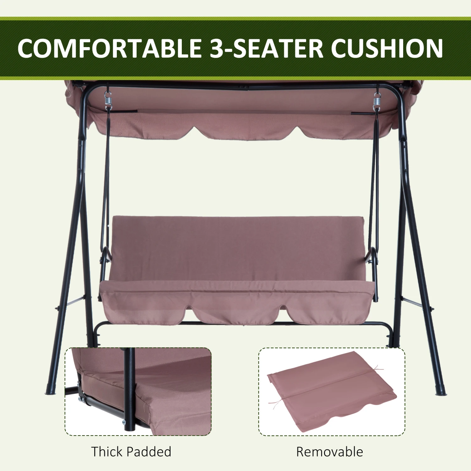 Outsunny 3-Seat Outdoor Patio Swing Chair With Removable Cushion, Steel Frame Stand And Adjustable Tilt Canopy For Patio, Garden, Poolside, Balcony, Backyard, Brown 6 Outsunny 3-Seat Outdoor Patio Swing Chair With Removable Cushion, Steel Frame Stand And Adjustable Tilt Canopy For Patio, Garden, Poolside, Balcony, Backyard, Brown - Image 6