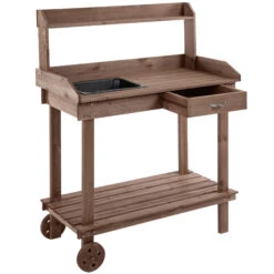 Outsunny 36'' Wooden Potting Bench Work Table With 2 Removable Wheels, Sink, Drawer & Large Storage Spaces, Brown 24 Outsunny 36'' Wooden Potting Bench Work Table With 2 Removable Wheels, Sink, Drawer & Large Storage Spaces, Brown -Outsunny kuU9f917e681f8e39