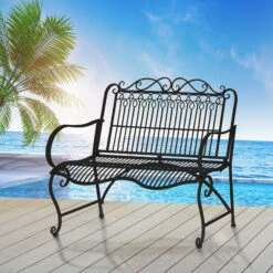Outsunny Metal Park Bench For Front Porch, Loveseat Like 2 Person, Armrests, Steel Frame, European Antique Style Outdoor Furniture, Black -Outsunny l0L90f17fb9b1073d