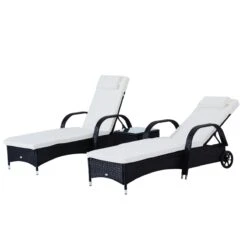Outsunny 3 Piece Outdoor Furniture Set, 2 Reclining Chaise Lounge Chairs, Rolling Wheels, Armrests, Headrests, Thickly Cushioned, 1 Side Table, PE Plastic Rattan, Black -Outsunny lC4d4b17e70fe0771