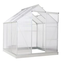 Outsunny 6' X 6' Hobby Greenhouse, Walk-in Polycarbonate Hot House Kit With Aluminum Frame, Sliding Door, Roof Vent, Silver