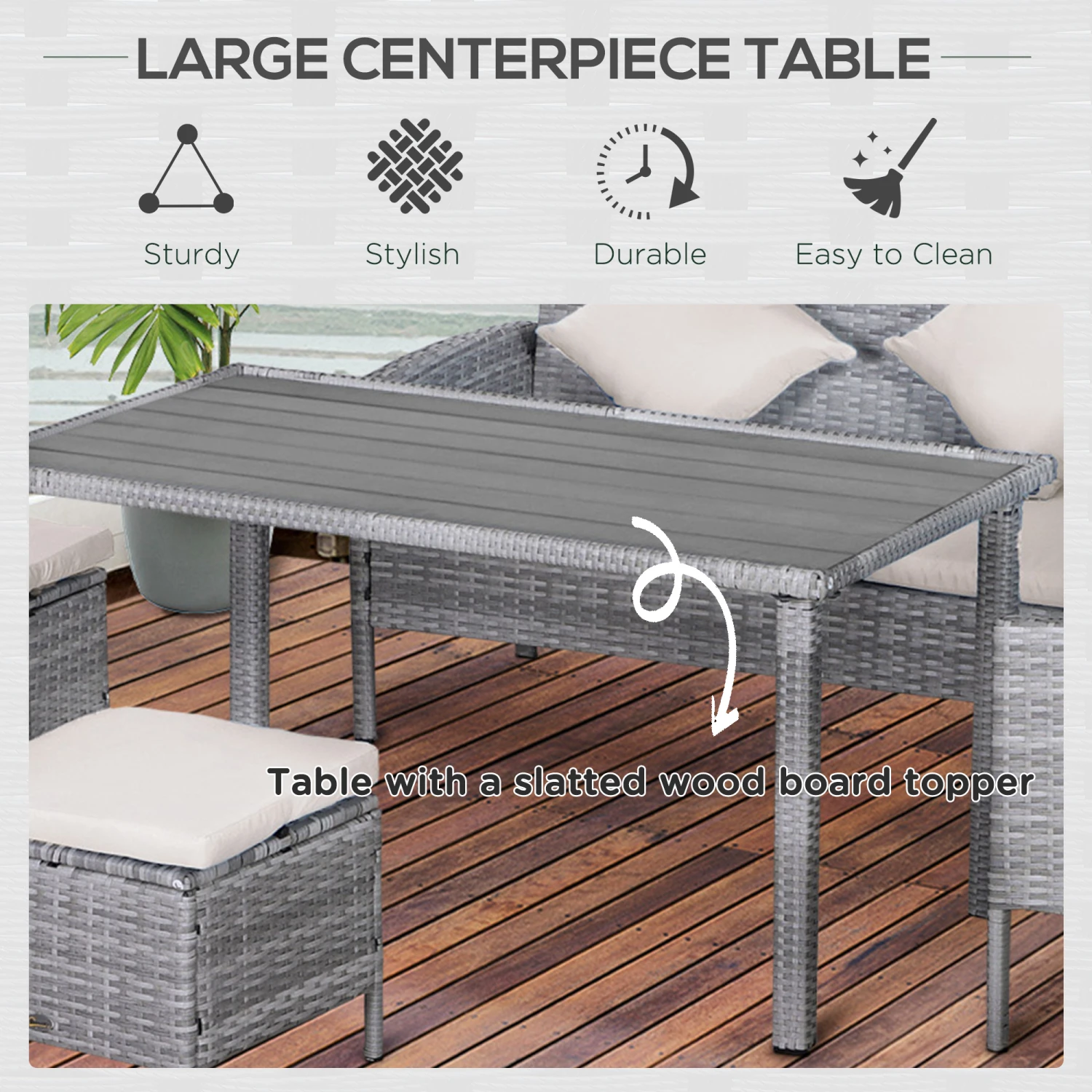 Outsunny 5 Piece Patio Furniture Set, Outdoor L-Shaped Sectional Sofa With 2 Loveseats, 2 Ottoman Chairs, Outside Conversation Set With Dining Table, Cushions, Throw Pillows, Beige 6 Outsunny 5 Piece Patio Furniture Set, Outdoor L-Shaped Sectional Sofa With 2 Loveseats, 2 Ottoman Chairs, Outside Conversation Set With Dining Table, Cushions, Throw Pillows, Beige - Image 6