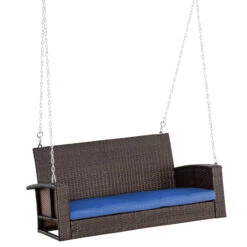 Outsunny 2-Person Wicker Hanging Porch Swing Bench, Front Porch Swing Outdoor Chair With Cushions 550lbs Weight Capacity For Backyard, Garden, Dark Blue
