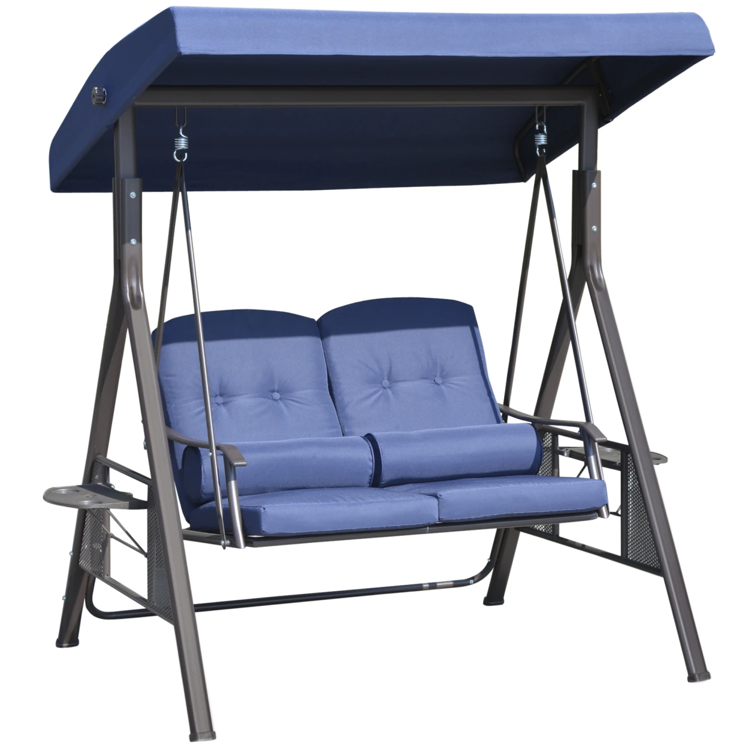 Outsunny 2 Seater Swing Chair, Garden Loveseat Swing Bench With Adjustable Canopy, Soft Cushions, Throw Pillows And Tray For Patio, Yard, Dark Blue 1 Outsunny 2 Seater Swing Chair, Garden Loveseat Swing Bench With Adjustable Canopy, Soft Cushions, Throw Pillows And Tray For Patio, Yard, Dark Blue